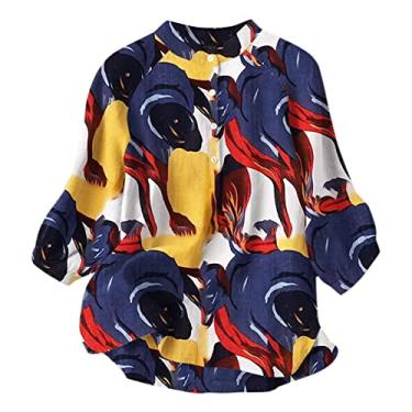 Imagem de Camiseta feminina verão gola mandarim botão manga 3/4 estampada túnica fina e leve blusas casuais Estampado Henley 2023 Camisa Lençóis de algodão Na baixa Top feminina Tie dye M67-B X-Large