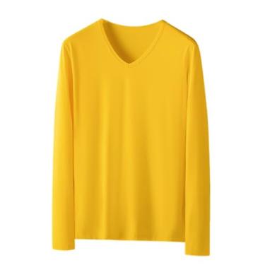 Imagem de Camisetas masculinas manga comprida cor sólida gola V pulôver slim fit casual esportes camisetas, Amarelo, XG