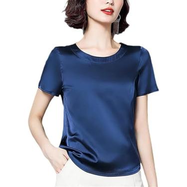 Imagem de Camisetas femininas de cetim manga curta verão gola redonda camisetas sólidas blusas casuais, Azul marino, GG