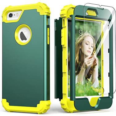 Imagem de IDweel Capa para iPhone 6S, capa para iPhone 6 com protetor de tela de vidro temperado, absorção de choque 3 em 1, capa protetora de corpo inteiro de silicone macio para meninas, verde grafite/amarelo