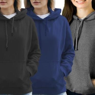 Imagem de Kit 3 Blusas Moletom Canguru com Capuz Liso Sem Estampa Feminino Adulto-Feminino
