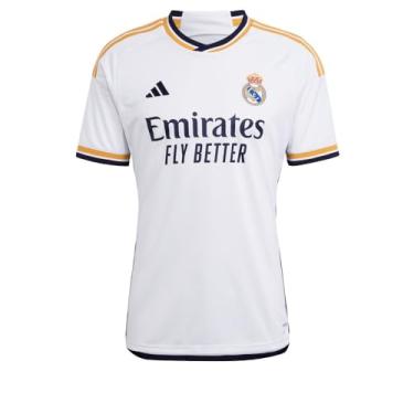 Imagem de adidas Camiseta masculina Real Madrid 23/24 Home - Uma camisa elegante e leve com detalhes dourados e história lendária do futebol, Branco, P