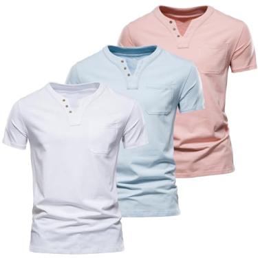 Imagem de Camiseta masculina casual gola V Henley camiseta manga curta algodão bolso no peito, Rosa + branco + azul, XXG
