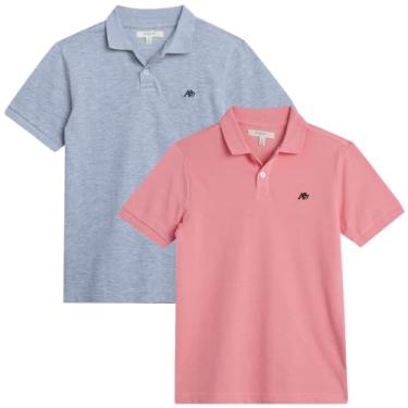 Imagem de AEROPOSTALE Camisa polo para meninos – Pacote com 2 unidades, modelagem clássica, manga curta, piquê, camisa de golfe elástica confortável para meninos (8-16), Cinza/rosa, 8