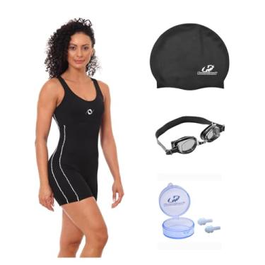 Imagem de Kit Macaquinho Helanca Natação com Óculos Uv Touca E Protetor (Preto/Branco - Óculos Preto, P)