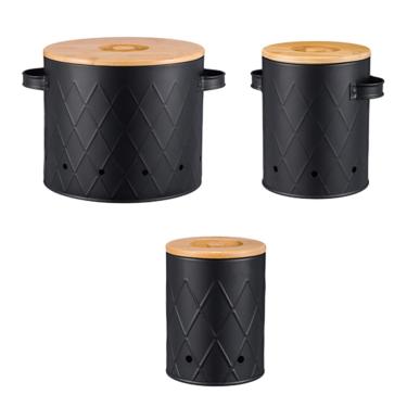 Imagem de Vasilhas de alho, cebola e batata, conjunto de potes de metal com tampa de madeira para presente de inauguração, preto/71