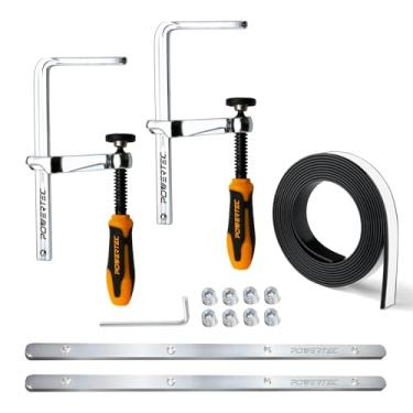 Imagem de POWERTEC 72047 Conector de trilho de guia de serra de trilho para Festool, Makita, DeWalt e Triton, conjunto de 2 com 139,7 cm, faixa de substituição de protetor de estilhaço e 2 braçadeiras de trilho