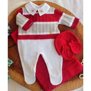 Imagem de Saída Maternidade Tricô listra vermelha kit3 - locomotiva, Vermelho, R