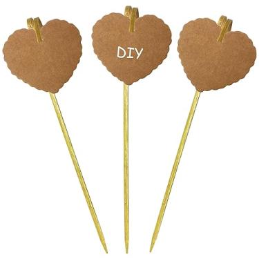Imagem de BLUE TOP 50 Bamboo picks 50 Kraft Heart Lable Cupcake Picks Cake Toppers for Party, Olmypic Games Celebration,Cocktail picks Cheese Markers Buffet Labels for Charcuterie Board Food Tags