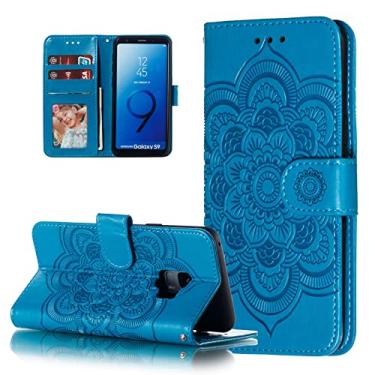 Imagem de EYZUTAK Capa Mandala para Samsung Galaxy S8, carteira flip de couro premium com compartimentos para cartões, suporte magnético, capa protetora ultrafina com cordão, capa flip em relevo - azul