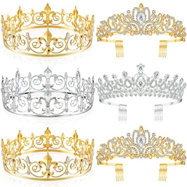 Imagem de Juexica 6 peças Halloween baile rei coroa de metal barroco rei e rainha coroas príncipe princesa cristal tiara coroa casamento noiva acessórios para mulheres homens (ouro, prata, estilo elegante)
