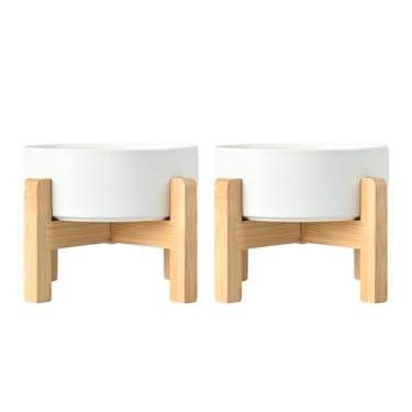 Imagem de SPUNKYJUNKY Conjunto de tigela de comida e água para cães de cerâmica Conjunto de 2 tigelas elevadas para cães, suporte de madeira antiderrapante, tigelas elevadas para alimentação de cães p