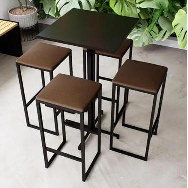 Imagem de Conjunto Mesa Alta Bar Bistrô Quadrada Preta 4 Bancos Estofado Industrial Black (Marrom)
