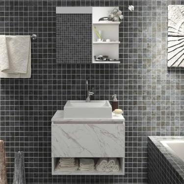 Imagem de Kit Gabinete Suspenso com Espelho e Cuba Mármore Branco Tecno Mobili