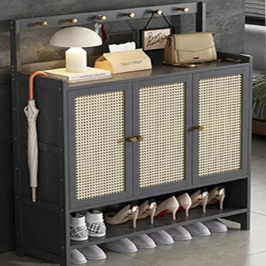 Imagem de Armário de armazenamento de sapatos de entrada de vime de plástico, armário de sapatos de bambu, armário de armazenamento de sapatos oculto para corredor, sapateira independente com 1 ~ 4 portas e