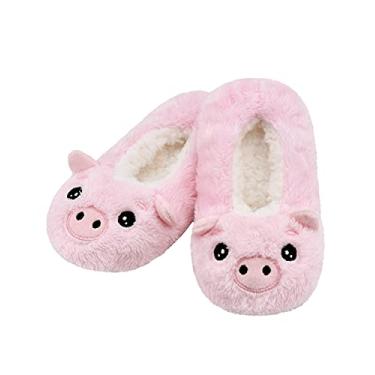 Imagem de DICUIRD Pantufa infantil com estampa de animais, de lã, aconchegante, para uso interno, para quarto, Porco, 29.5-31