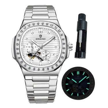 Imagem de BINBOND Relógios masculinos automáticos prateados de aço inoxidável, turbilhão, mecânico, automático, para negócios, diamante, relógio de pulso masculino, à prova d'água, luminoso, Prata, relógios