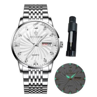Imagem de BINBOND Relógio masculino de aço inoxidável, clássico, luxuoso, diamante, para negócios, com data, relógio de pulso para homens, à prova d'água, luminoso, Prata, relógios masculinos