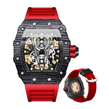 Imagem de BINBOND Relógio masculino automático quadrado esqueleto mecânico corda automática moda pulseira de silicone relógio de pulso masculino à prova d'água luminoso, Vermelho e preto, relógios masculinos