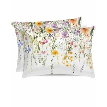 Imagem de Azoamafa Fronha de cetim floral para cabelo e pele, estilo pastoral, folhas e flores, fronhas de seda, tamanho padrão com zíper, pacote com 2, capas de travesseiro supermacias, 50 x 66 cm