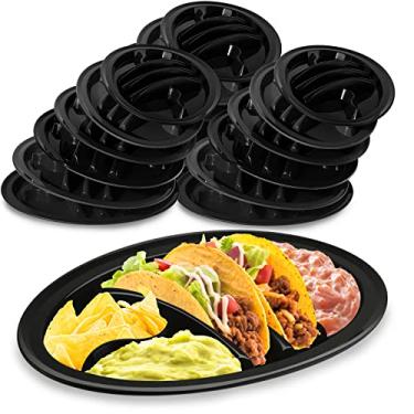 Imagem de Roshtia 24 peças de suporte para tacos Fiesta Taco Bulk com 2 suportes de tacos de pé mais 4 compartimentos bandeja de plástico para tacos macios e duros, seguro para micro-ondas para noite de taco e barra de taco (preto)