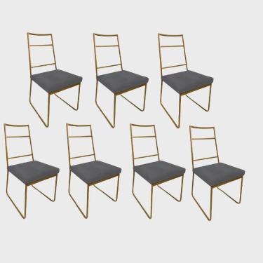 Imagem de Kit 07 Cadeiras Sala de Jantar Escritório Office Stark Industrial Ferro Dourado Suede Cinza - Ahz Móveis