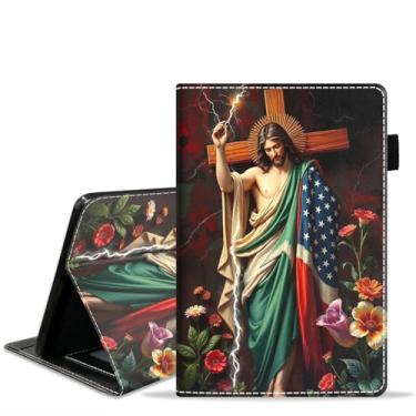 Imagem de POIUYTREW Capa para tablet Amazon Fire Max 11 (11 polegadas, 13ª geração, versão 2023), capa fólio de couro PU com slot para cartão e hibernação automática, cruz sagrada de Jesus Cristão