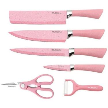 Imagem de Jogo de 6 facas Rosa/Preto Antiaderente Profissional De Cozinha Gourme