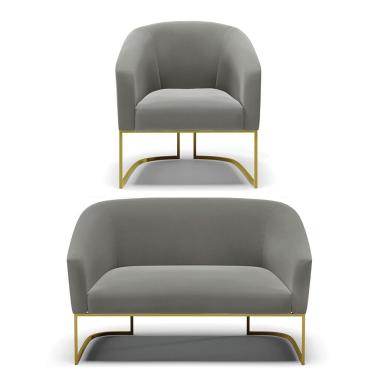 Imagem de Namoradeira E Poltrona Base Industrial Dourado Stella Suede D03 - D'rossi Cor Grafite