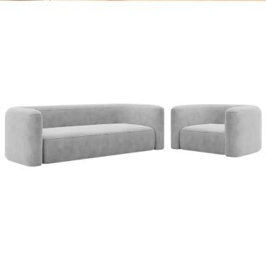 Imagem de Kit Sofá 2 Lugares 160cm E Poltrona Orgânica Luxo Recepção Melina Linho - Amarena Moveis Cinza Claro