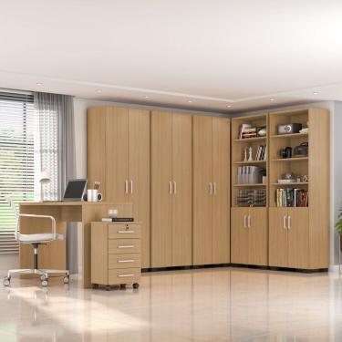 Imagem de Kit Para Escritório 7 Peças Com Escrivaninha Gávea, Gaveteiro 4 Gavetas E 5 Armários Espresso Móveis Freijó