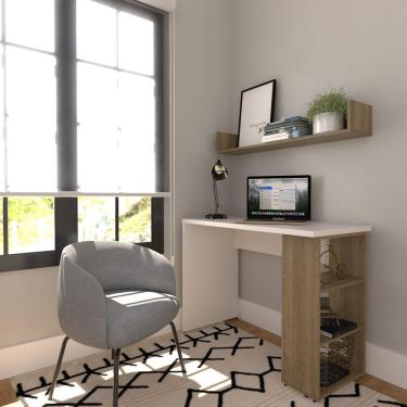 Imagem de Conjunto De Mesa Com Prateleiras Para Escritório Ou Home Office 90 Cm De Largura Branco-carvalho Mel
