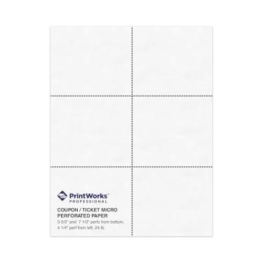 Imagem de PrintWorks Papel perfurado profissional para ingressos, cupons, certificados e mais, 8,5 x 11, 10,9 kg, 3 Perfs - 8,5 cm e 7 1/7.6 cm da parte inferior e 10 1/10.2 cm da esquerda, 500 folhas, branco