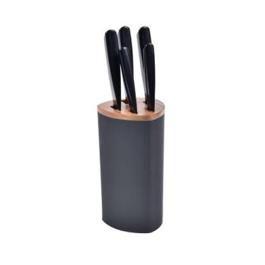 Imagem de Bloco de Facas Detalhe Acácia 6 Peças Aço Inox Kenya Preto