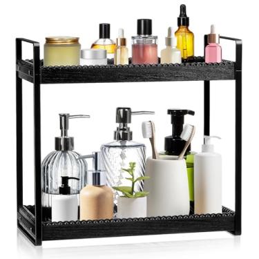 Imagem de DoubleFill Organizador de bancada de banheiro, bandeja organizadora de contas de madeira de 2 camadas para banheiro, cosméticos, cuidados com a pele, perfume, cozinha, estação de café (preto, clássico