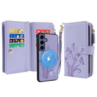 Imagem de Lacass Capa carteira para Samsung Galaxy S24 FE S24FE, compatível com MagSafe 2 em 1 de couro sintético destacável magnético com bloqueio de RFID, porta-cartões, fecho de zíper, alça de pulso, cordão