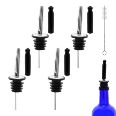 Imagem de 4 dosadores de garrafa e 4 peças de bico plano alongado de borracha para garrafas, despejadores de garrafa de licor para álcool, azeite de oliva, despejadores de bebidas com tampas de poeira