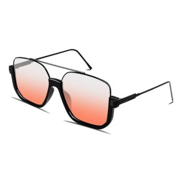 Imagem de GUVIVI Óculos de sol aviador retrô grandes para mulheres e homens, óculos de sol piloto quadrado ponte dupla anos 70 óculos de sol modernos, Armação preta - Lente rosa gradiente, oversize