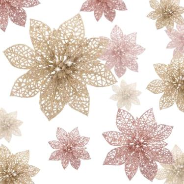 Imagem de Boao 24 peças de flores artificiais de poinsétia com glitter de Natal, enfeites de árvore de Natal com clipes para guirlanda de Natal, decorações florais de festa de casamento, multitamanhos