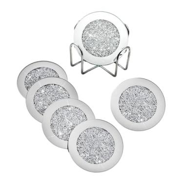 Imagem de AFXGUSD 6 Peças de Porta-copos Espelhados, Porta-copos Redondos com Pedra Triturada E Suporte Incluídos, Adequados para Presentes de Inauguração E, Lasca, Tamanho real