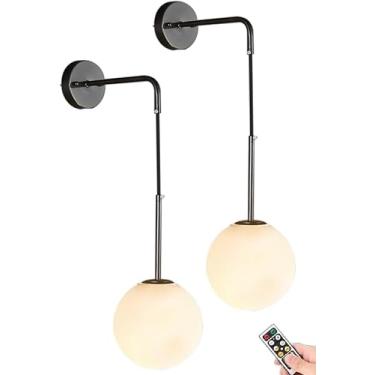 Imagem de Arandelas De Parede Operadas Por Bateria Conjunto De 2 Com Controle Remoto Interno Sem Fiação Pendurado Luminárias De Parede Moderno Globo Sombra De Vidro Lâmpada De Parede Dour, Black