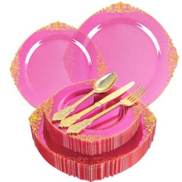 Imagem de Conjunto de pratos de plástico Joyido Hot Pink com talheres dourados 1