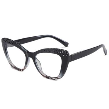 Imagem de LJCZKA Óculos femininos elegantes com bloqueio de luz azul olho de gato, antifadiga visual, computador, jogos, armação de gato (leopardo preto)