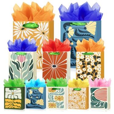 Imagem de MUMULULU Pacote com 10 sacos de presente de tamanhos variados, sacos de papel com alça e papel de seda para festa de aniversário, chá de bebê, casamento, presente de feriado