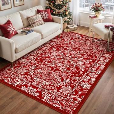 Imagem de PureCozy Tapete de Natal, 10 x 15 cm, vermelho, lavável, com pelo baixo, tapete decorativo antiderrapante para quarto, sala de estar, entrada, sala de jantar, decoração festiva