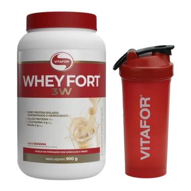 Imagem de Whey Protein Isolado Whey Fort Vitafor Sabor Banana Concentrado Hidrolisado 900g Fitness Coqueteleira Shaqueira 