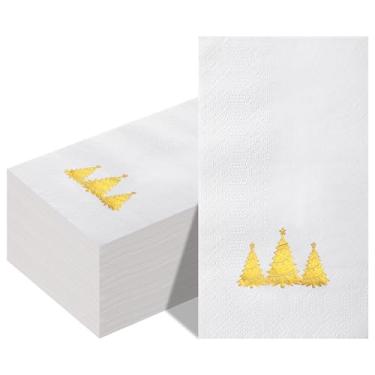 Imagem de Gueevin 100 guardanapos de papel descartáveis para convidados de Natal, folha dourada, árvore de Natal, toalha de mão para festa de inverno, Natal, banheiro, cozinha, almoço, mesa de jantar, decoração