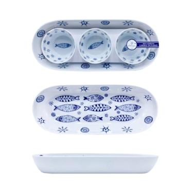 Imagem de Kit Travessa Oval + Bowl Redondo Peixe Azul em Melamina – Estilo e Funcionalidade para Mesa Posta