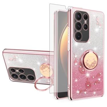 Imagem de Asuwish Capa de celular para Samsung Galaxy S24 Ultra 5G com protetor de tela de vidro temperado, suporte de anel, brilhante, transparente, híbrido, à prova de choque, capa protetora de TPU S24Ultra