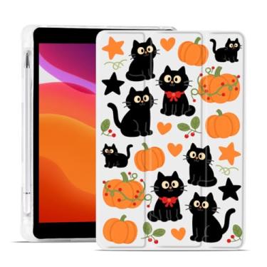 Imagem de MAYCARI Capa de Halloween para iPad de 10,2 polegadas 2021/2020/2019 com suporte para lápis, original Black Cats Pumpkins iPad 9ª/8ª/7ª geração, capa protetora traseira de TPU macio, capa fina
